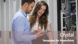  Presentation with data center - Theme enhanced with computer memory - technicians talking and doing maintenance background and a coral colored foreground