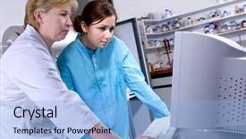  Presentation with survey results - Beautiful presentation featuring computer monitor health - two science technicians survey backdrop and a light blue colored foreground