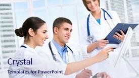  Presentation with hospital - Theme having computer monitor health - young doctors working in hospital background and a sky blue colored foreground