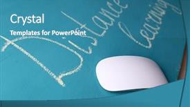  Presentation with distance learning - Presentation theme consisting of computer mouse and inscription distance learning on blackboard on wooden table background background and a teal colored foreground