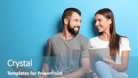  Presentation with young man holdng laptop on lap money - Colorful slide deck enhanced with computer near color wall internet backdrop and a teal colored foreground