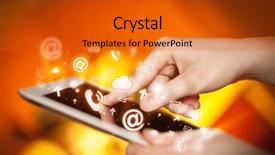  Presentation with social media - Slides with computer network communication devices - finger pointing on tablet pc background and a  colored foreground