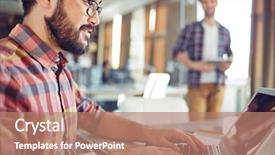  Presentation with handover networking - Colorful PPT theme enhanced with computer networks - handsome businessman networking in office backdrop and a coral colored foreground