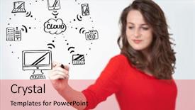  Presentation with cloud computing - Cool new presentation with computer networks - young woman drawing a cloud backdrop and a red colored foreground