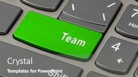  Presentation with notebook - Colorful slide deck enhanced with computer-notebook-keyboard-with-team backdrop and a gray colored foreground