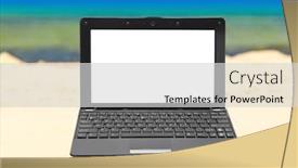  Presentation with business travel - Theme having computer notebook on beach - business travel background background and a light gray colored foreground
