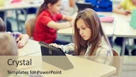  Presentation with elementary school technology - PPT theme enhanced with computer on break in classroom background and a lemonade colored foreground