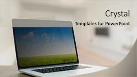  Presentation with dark vintage wood table texture - Slides having computer on old vintage wooden background and a soft green colored foreground