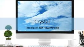  Presentation with computer storage - Beautiful presentation theme featuring computer on wooden table backdrop and a light blue colored foreground