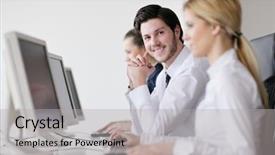  Presentation with group support - Audience pleasing presentation theme consisting of computer operators - business people group with headphones backdrop and a  colored foreground