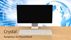  Presentation with blue global - PPT layouts having computer over a desk against global business graphic in blue background and a coral colored foreground