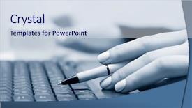  Presentation with laptop - Colorful presentation design enhanced with computer pen - female hands working backdrop and a  colored foreground