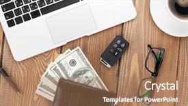  Presentation with cash - Colorful slide deck enhanced with computer pen - office table with pc coffee backdrop and a coral colored foreground