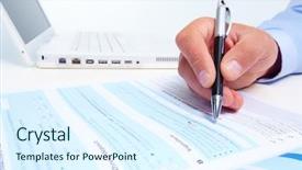  Presentation with accounting - PPT theme with computer pen - writing businessman finance and accounting background and a sky blue colored foreground