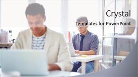  Presentation with networking - Slide set enhanced with computer people - male employee networking in office background and a white colored foreground