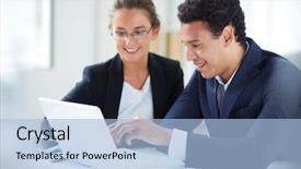  Presentation with laptop - Audience pleasing slide set consisting of computer people - portrait of businessman and businesswoman backdrop and a light blue colored foreground