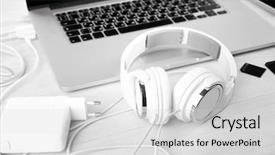  Presentation with accessories - Colorful slide deck enhanced with computer peripherals and laptop accessories backdrop and a light gray colored foreground