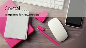  Presentation with brain computer interface head - Colorful slide set enhanced with computer peripherals with pink heart backdrop and a light gray colored foreground