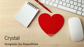  Presentation with brain computer interface head - Amazing PPT theme having computer peripherals with red heart backdrop and a soft green colored foreground