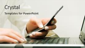  Presentation with laptop - Cool new PPT theme with computer phone - female hands working on laptop backdrop and a light gray colored foreground