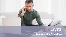  Presentation with taking notes - PPT theme with computer phone - man with laptop phoning background and a gray colored foreground