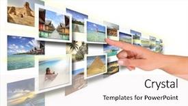  Presentation with mobile phone in woman hand - Slides having computer pictures - woman hand reaching images background and a white colored foreground