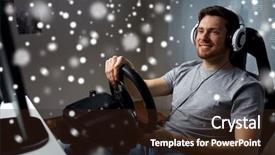  Presentation with car racing - Colorful PPT theme enhanced with computer playing car racing video backdrop and a  colored foreground