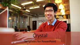  Presentation with asian nurse helps a man - Slide set with computer programmer - happy asian man in glasses background and a  colored foreground