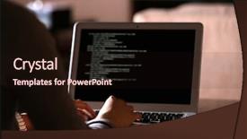  Presentation with cafe - Audience pleasing PPT theme consisting of computer program development - woman working with laptop backdrop and a wine colored foreground