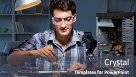  Presentation with computer repair - Slides consisting of computer repair man cleaning dust background and a dark gray colored foreground
