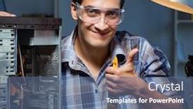  Presentation with computer repair - Slides having computer repair man cleaning dust with brush background and a ocean colored foreground