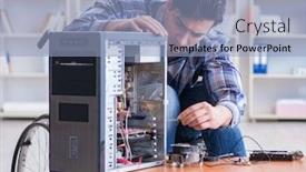  Presentation with wheelchair - Colorful PPT layouts enhanced with computer-repairman-on-wheelchair-working backdrop and a light blue colored foreground