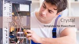  Presentation with desktop - Cool new PPT theme with computer-repairman-repairing-desktop-computer backdrop and a coral colored foreground