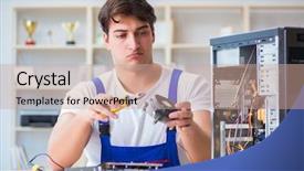  Presentation with computer - Beautiful theme featuring computer repairman repairing desktop computer backdrop and a  colored foreground