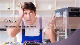  Presentation with failure - Slides with computer repairman repairing desktop computer background and a  colored foreground