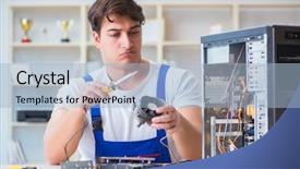  Presentation with desktop - Colorful PPT layouts enhanced with computer repairman repairing desktop computer backdrop and a  colored foreground