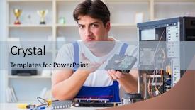  Presentation with computer - Beautiful slides featuring computer repairman repairing desktop computer backdrop and a  colored foreground