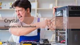  Presentation with old desktop computer - Cool new PPT theme with computer repairman repairing desktop computer backdrop and a  colored foreground