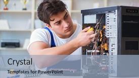  Presentation with computer - Theme enhanced with computer repairman repairing desktop computer background and a  colored foreground