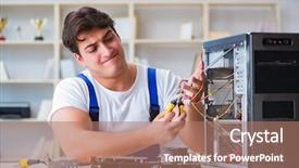  Presentation with old desktop computer - Slides enhanced with computer repairman repairing desktop computer background and a coral colored foreground