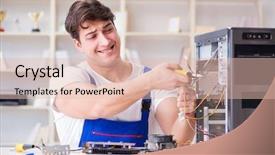  Presentation with old desktop computer - Slide deck with computer repairman repairing desktop computer background and a  colored foreground