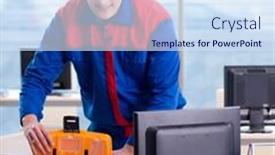  Presentation with computer - Amazing slide deck having computer-repairman-specialist-repairing-computer backdrop and a sky blue colored foreground
