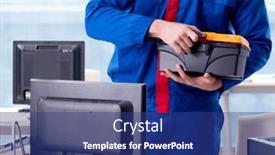  Presentation with desktop - PPT layouts with computer-repairman-specialist-repairing-computer background and a navy blue colored foreground