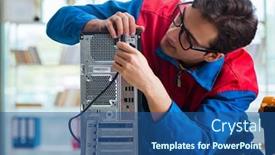  Presentation with computer workshop - Colorful slide deck enhanced with computer-repairman-working-on-repairing backdrop and a ocean colored foreground