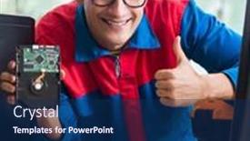  Presentation with computer workshop - Beautiful slides featuring computer-repairman-working-on-repairing backdrop and a navy blue colored foreground