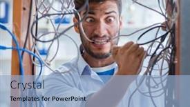  Presentation with computer workshop - Beautiful PPT theme featuring computer-repairman-working-on-repairing backdrop and a light blue colored foreground