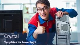  Presentation with computer workshop - Slide set with computer repairman working on repairing background and a  colored foreground