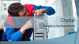  Presentation with computer workshop - Colorful presentation design enhanced with computer repairman working on repairing backdrop and a  colored foreground