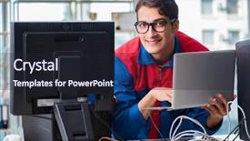  Presentation with computer workshop - Beautiful PPT theme featuring computer repairman working on repairing backdrop and a  colored foreground