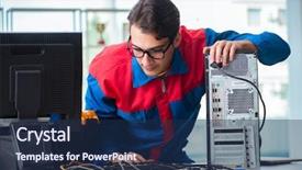  Presentation with computer workshop - Beautiful slide deck featuring computer repairman working on repairing backdrop and a navy blue colored foreground